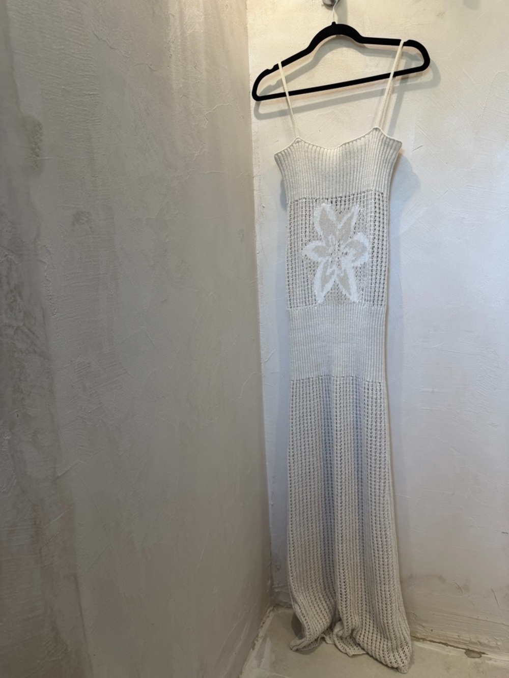 SIEDRES Beige Crochet Maxi Dress with Floral Panel